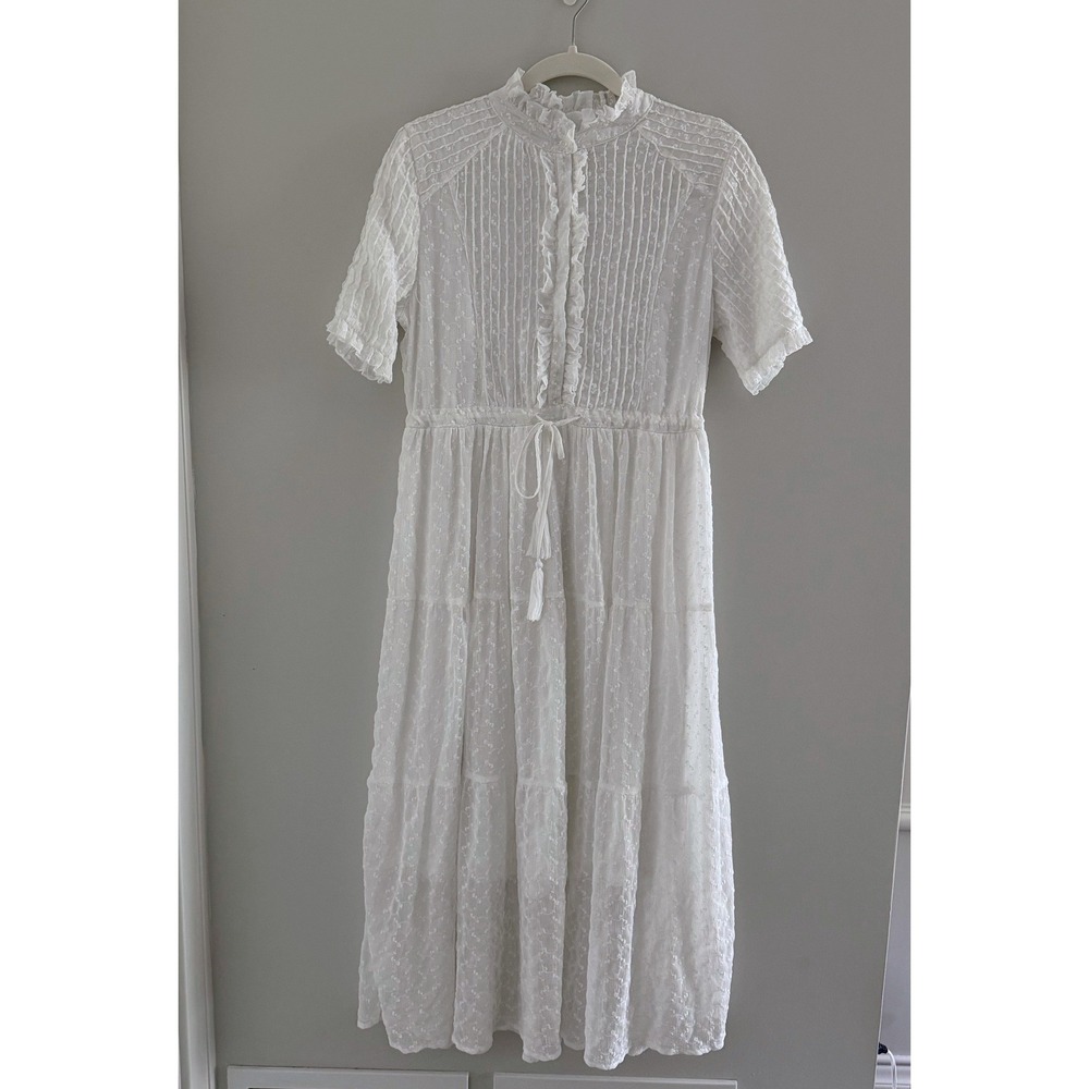 Arbor White Ruffled Tiered Midi Dress Embroidered M Bridal Cottage Romantic Boho